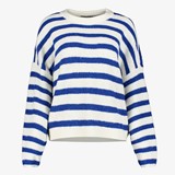 Gebreide dames trui met strepen blauw wit