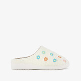 Dames teddy pantoffels met bloemen beige