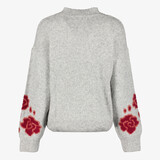 Gebreide dames trui met geborduurde mouwen grijs