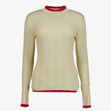 Dames rib trui beige met rode details