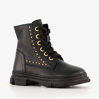 Groot leren meisjes veterboots met studs zwart