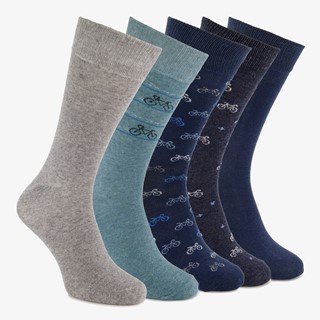 5 paar lange herensokken met fietsen blauw grijs
