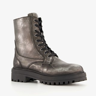 Harper leren dames veterboots metallic zilver