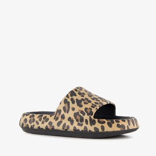 Dames badslippers met panterprint bruin