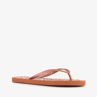 Dames slippers met print en glitters bruin