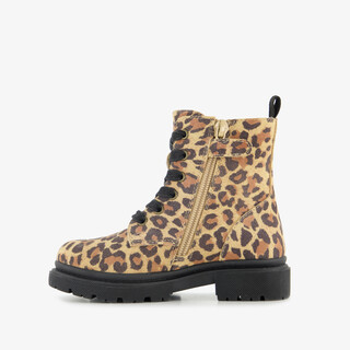 Stap suède meisjes veterboots met panterprint bruin
