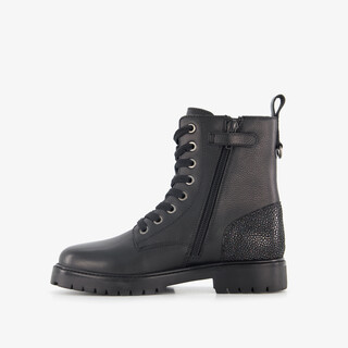 Groot leren meisjes veterboots met glitters op de hiel zwart