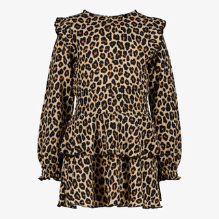 TwoDay meisjes jurk met panterprint en ruches beige