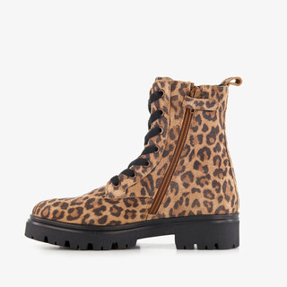 Braqeez suède meisjes veterboots met panterprint bruin