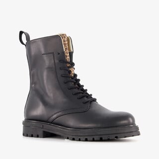 Groot leren meisjes veterboots met luipaard details zwart