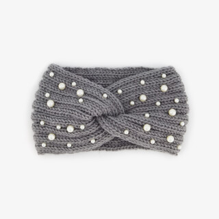 Gebreide dames hoofdband met parels grijs