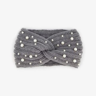 Gebreide dames hoofdband met parels grijs