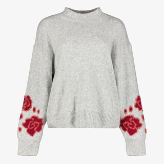 TwoDay gebreide dames trui met geborduurde mouwen grijs