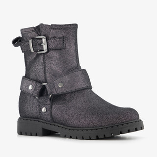 Stap leren meisjes biker boots met glitters zwart