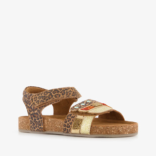 Groot leren meisjes sandalen met panterprint en glitters bruin