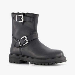Groot leren meisjes biker boots met gespen zwart