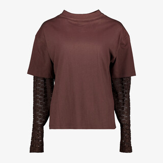TwoDay dames T-shirt met kanten mouwen donkerbruin
