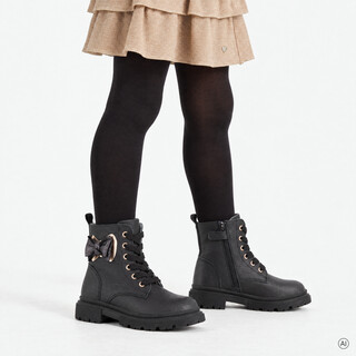 Stap leren meisjes veterboots met strik zwart