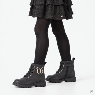 Stap leren meisjes veterboots met vlinder zwart