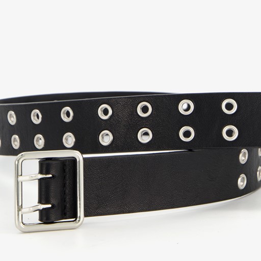 Dames riem zwart met zilverkleurige ringen