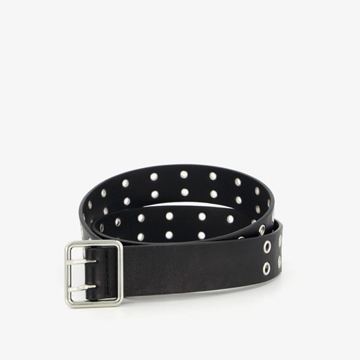 Dames riem zwart met zilverkleurige ringen