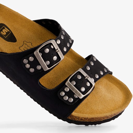 Dames bio slippers zwart met studs