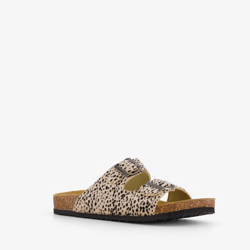 Dames bio slippers zwart met panterprint beige