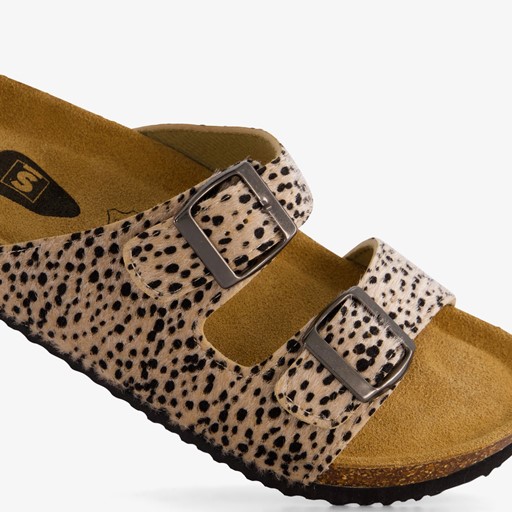 Dames bio slippers zwart met panterprint beige