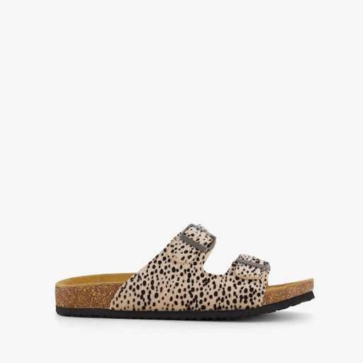 Dames bio slippers zwart met panterprint beige