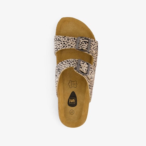 Dames bio slippers zwart met panterprint beige
