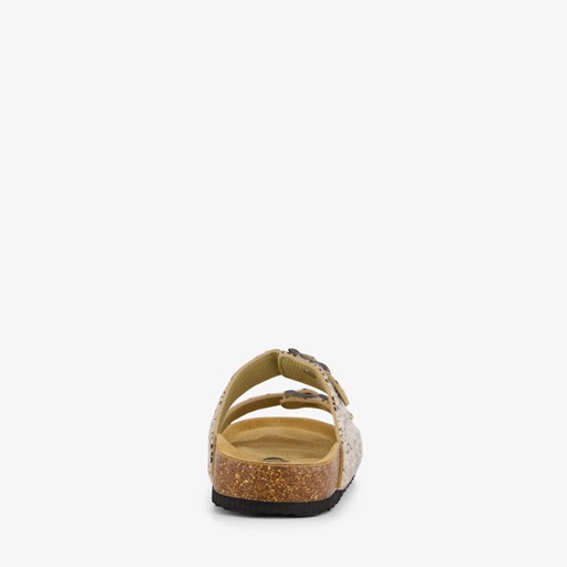Dames bio slippers zwart met panterprint beige