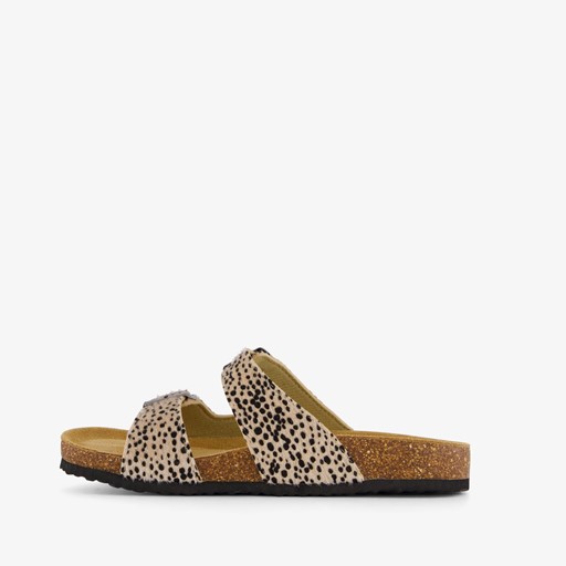 Dames bio slippers zwart met panterprint beige