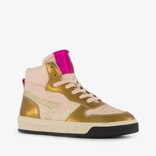 Hoge leren meisjes sneaker roze goud