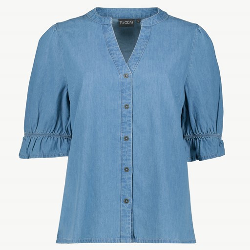 Dames denim spijkerblouse met ruches
