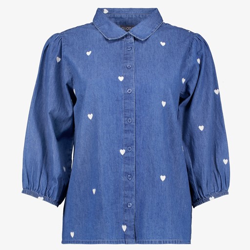 Dames denim spijkerblouse met hartjes