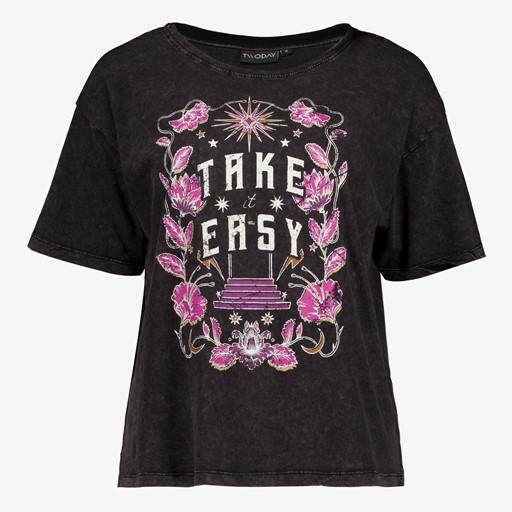 Dames T-shirt acid wash zwart