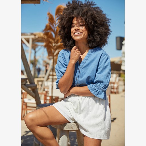 Dames denim spijkerblouse met ruches