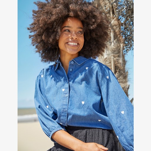 Dames denim spijkerblouse met hartjes