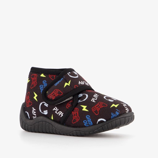 Kinder pantoffels zwart met print