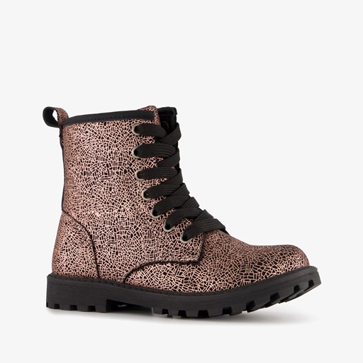Meisjes veterboots metallic roze zwart