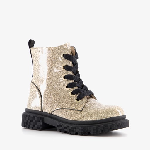 Leren meisjes veterboots goud glitters
