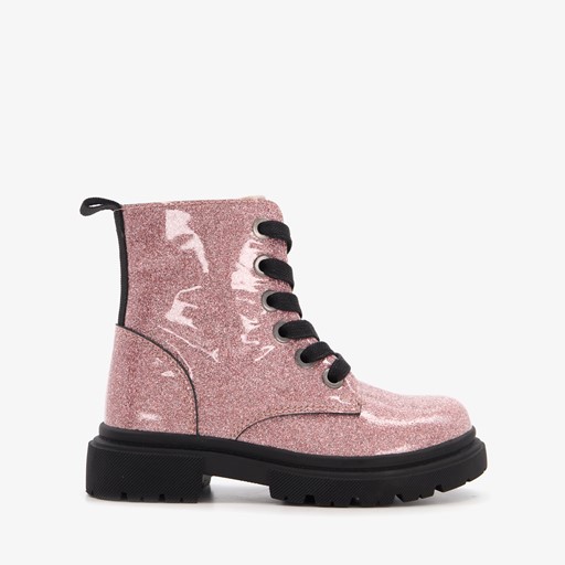 Leren meisjes veterboots roze glitters