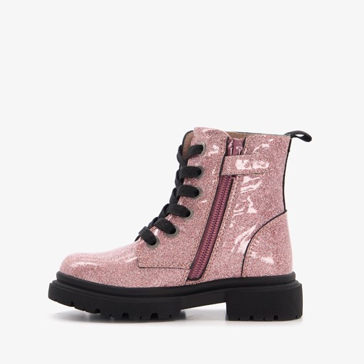 Leren meisjes veterboots roze glitters