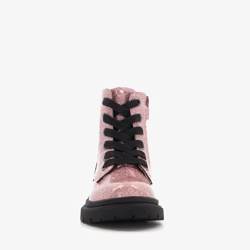 Leren meisjes veterboots roze glitters