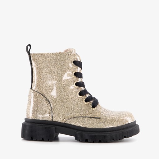 Leren meisjes veterboots goud glitters
