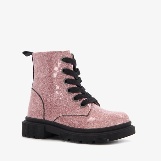 Leren meisjes veterboots roze glitters