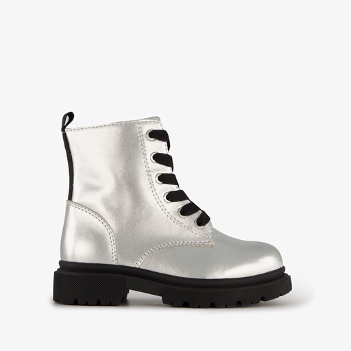 Leren meisjes veterboots zilver