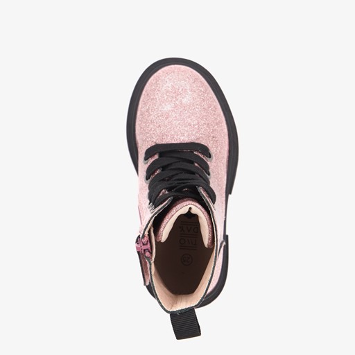 Leren meisjes veterboots roze glitters