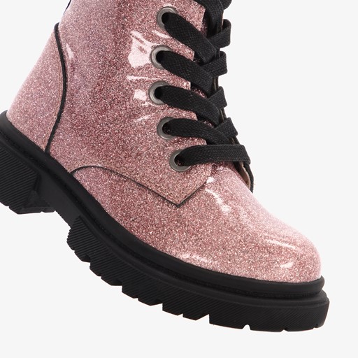 Leren meisjes veterboots roze glitters