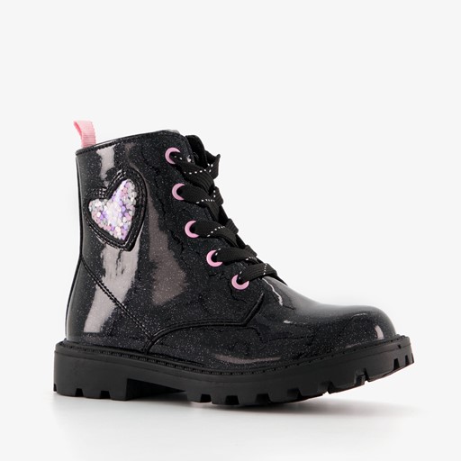 Meisjes lak veterboots zwart met glitters